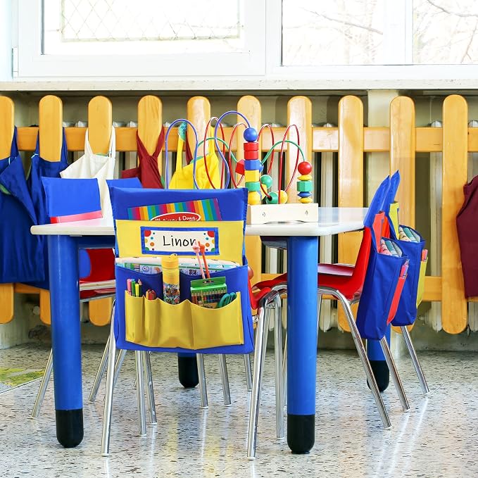 Chair Pockets for Classrooms, 15.7" × 18.9" – 6 Pockets Chairback Storage Organizer with Name Tag Window, Student Desk & Seat-Back Management for Books, Folders & School Supplies, Yellow+Blue
