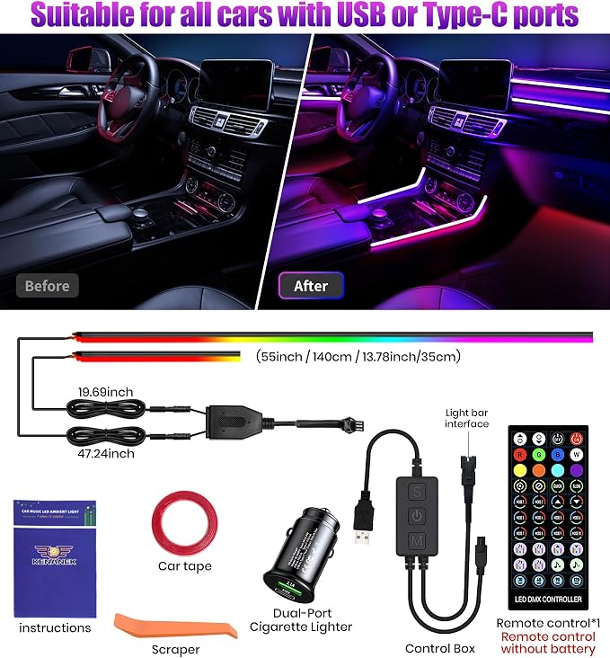 KENANEK 55.12’’ Acrylic Car Ambient Lighting Kit – 2 RGB LED Light Strips, APP/Remote/Control Box, Music Sync, Dual USB Cigarette Lighter, Universal Fit for Car/SUV/Truck
