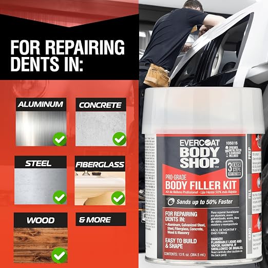 Evercoat Body Shop 105015 Pro-Grade Body Filler Kit, Easy to Build and Shape, Multipurpose for Dents in Aluminum, Fiberglass & More, Easy Mix Hardener Included 13 Fl Oz.