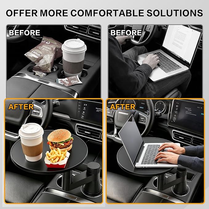 Car Tray Table & Car Desk for Laptop, Dual 360° Rotating Cup Holder Tray, Anti-Slip Leather-Textured Car Food Tray for Eating, Working & Makeup, Compatible with Tesla Model Y/3/S & Most Vehicles