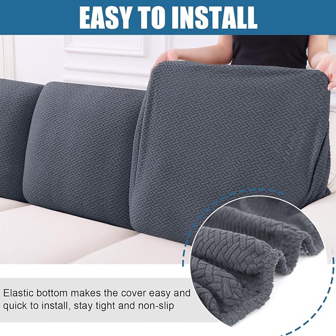 Smiry Waterproof Couch Cushion Covers, Stretch Jacquard Thick Sofa Cushion Covers, Washable Seat Slipcover Elastic Furniture Protector for Pets, Kid (Back Cover L, Grey)