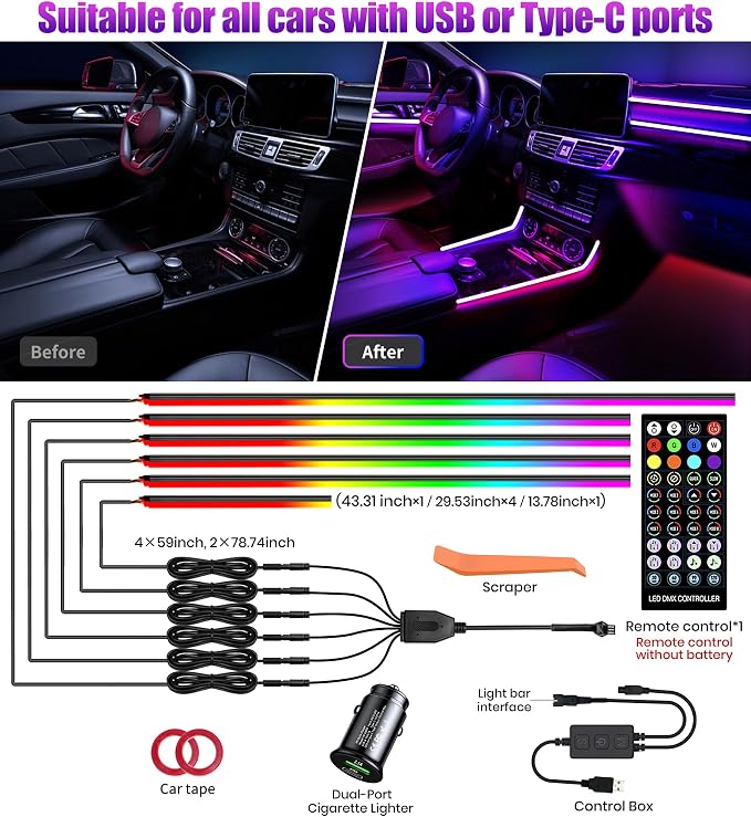 KENANEK 6in1 Tesla Interior Lights, 5V USB & Type-C Powered–Dreamcolor Acrylic Interior Car LED Strip Lights,Music Sync, OEM-Style Ambient Lighting with Dreamcolor Effects, Dual USB Cigarette Lighter