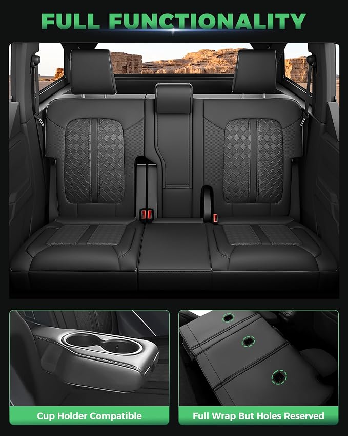 Custom Fit Leather Seat Covers for 2021-2026 Ford Bronco 4 Door | OEM fit, premium waterproof leather, full coverage, anti-slip, storage pockets, long-term durability, airbag compatible