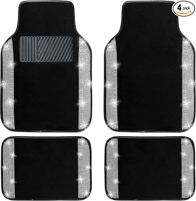 NBTEPEM Bling Car Floor Mats Full Set, Universal Fit Most Cars,SUV, Trucks, 4 pcs Sparkle Glitter Diamond Carpet for Women Girls with Anti-Slip Pad (Silver Diamond)