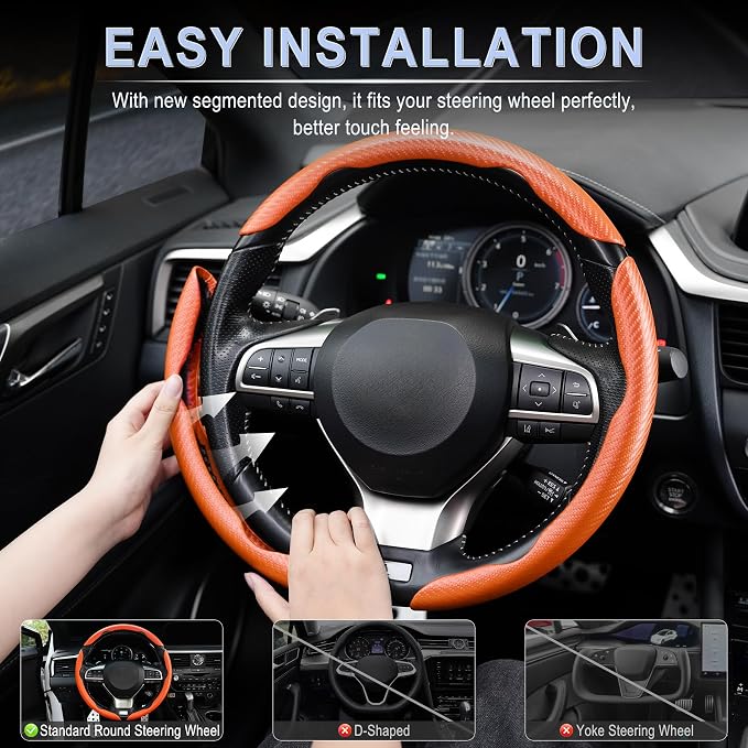 Amiss 3pcs Carbon Fiber Anti-Skid Steering Wheel Cover, Waterproof & Segmented Butterfly Design, Universal 99% Vehicle Wheel Cover Protector, Car Interior Accessories (Orange-3pcs)