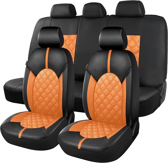 CAROMOP Luxury PU Leather Car Seat Covers Full Set-Waterproof Seat Protectors with Split Bench Seat Covers for Cars-Universal Cars Interior Covers for Sedans, SUVs, Pick-up Trucks(Orange Brown)