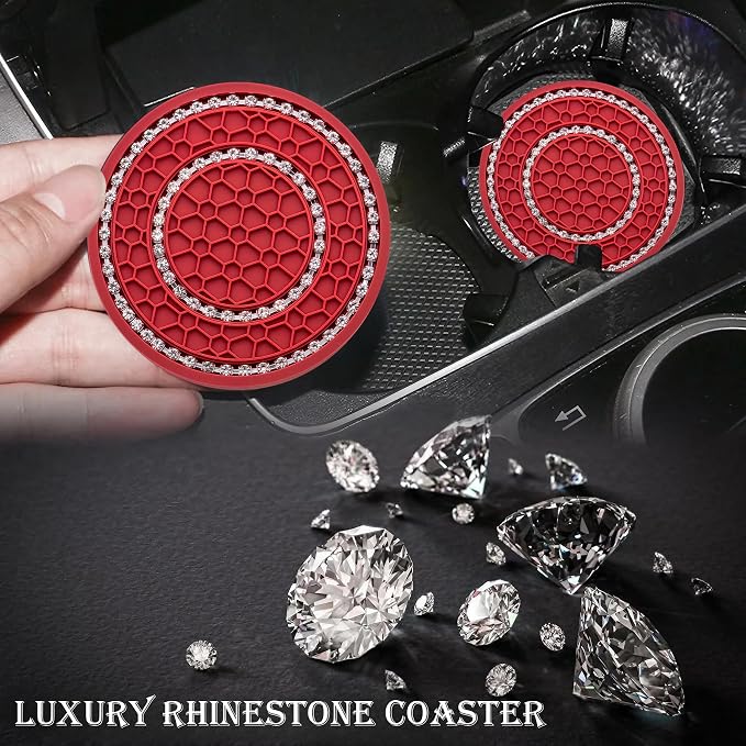 4PCS Bling Crystal Rhinestone Cup Holder Coaster, 2.75 inch Soft Silicone Anti-Slip Shockproof, Car Cup Holder Insert Coasters, Universal Car Interior Accessories for Women (Red & White)