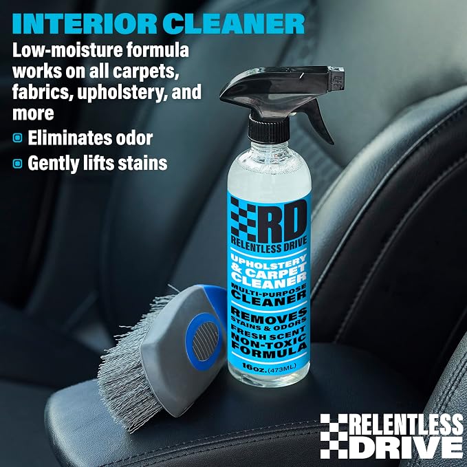Relentless Drive Car Carpet Cleaner & Car Upholstery Cleaner | Car seat cleaner for fabric interiors, floor mats, auto upholstery with Heavy duty brush, 16oz. Works as couch & sofa cleaner