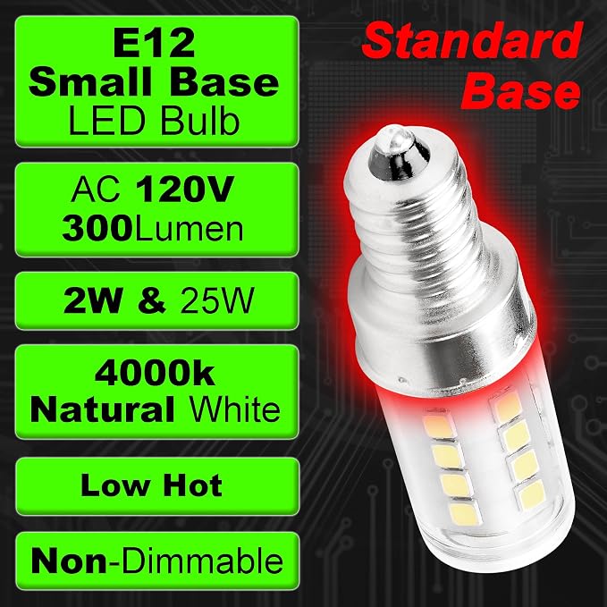 E12 T6 C7 LED Candle Base Bulb 2W Natural White 4000K AC120V 300lm, 4 Pack | Equivalent 25W, Non-Dimmable, CRI >82Ra, for Candelabra Chandelier Pendant Table Lamp Refrigerator Ceiling Fan Bulb