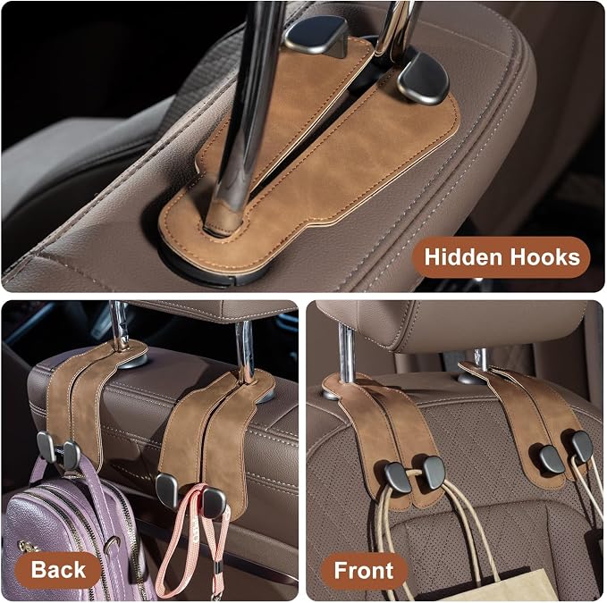 CoBak Purse Hook for Car - Universal Premium Stitched Leather and Aluminum-Magnesium Alloy Double Car Seat Back Storage Hook for Purses, Handbags, Bags (2 Pack),Brown
