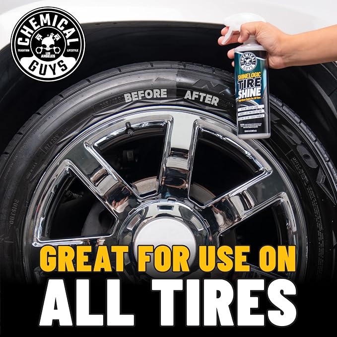Chemical Guys, ShineLogic Deep Wet Black Tire Shine Dressing, Gloss, 20 oz | Dries to the touch so it will not fling onto paint, and the trigger sprayer reaches sidewalls without bending down
