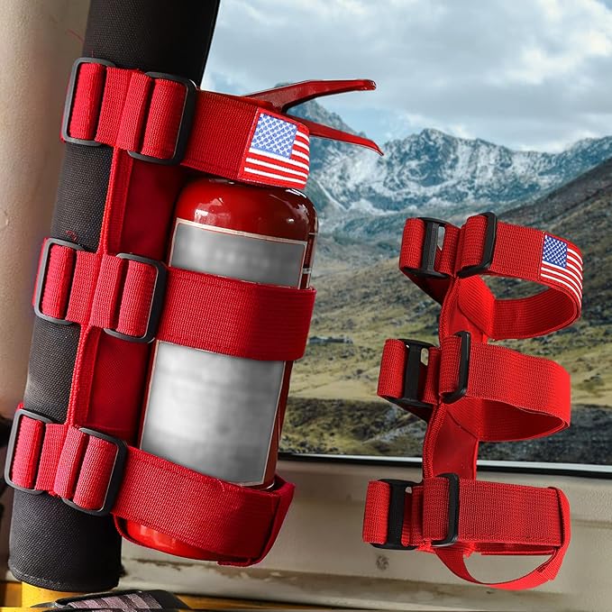 Voodonala Adjustable Roll Bar Fire Extinguisher Mount Holder 3 lb for Jeep Wrangler Unlimited CJ YJ LJ TJ JK JKU JL JLU 4XE,Red with USA Flag Pattern