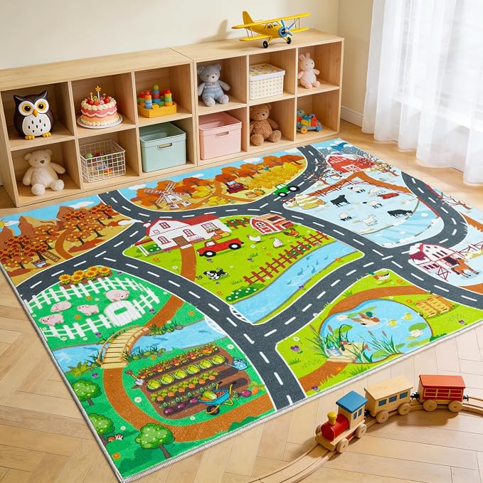 Car Rug Play Mat for Kids Toy Cars, 5' x 7' Town Country Barn Track Road Carpet, Non-Slip Machine Washable Rugs Four Seasons Farm Theme Traffic Mat for Kids Room Bedroom Game Safe Area