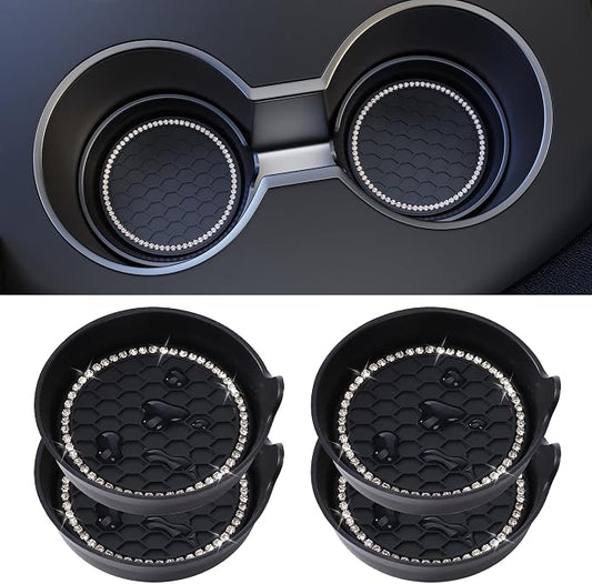 Amooca Car Cup Coaster Universal Non-Slip Cup Holders Bling Crystal Rhinestone Car Interior Accessories 4 Pack Black