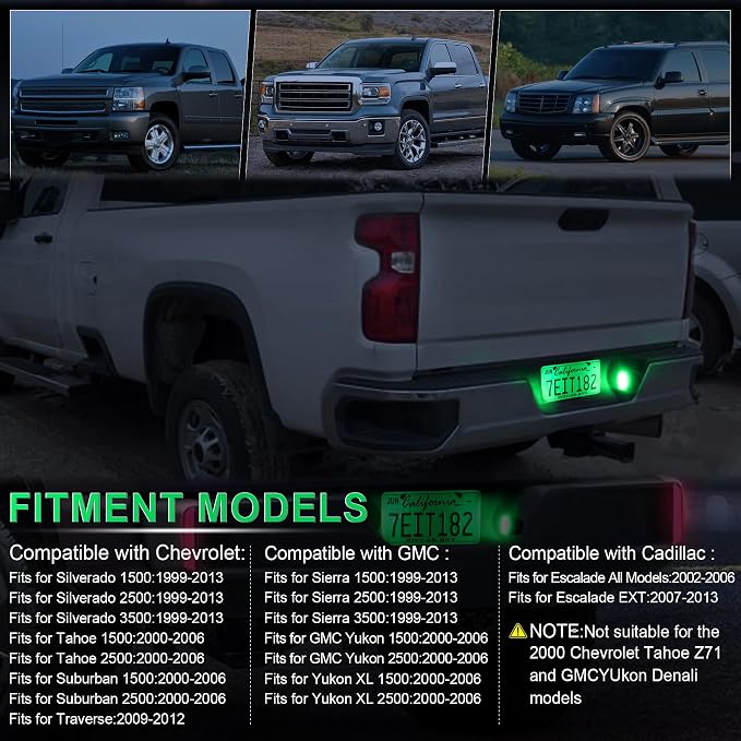 LivTee LED License Plate Light Assembly, Tag Light Fits Chevy Silverado 1500 2500 3500 1999-2013, Tahoe, Suburban, Fits GMC Sierra, Yukon XL, Cadillac Escalade, Car Accessories, Green