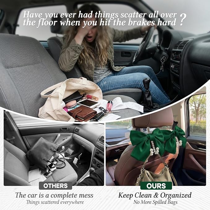 2PCS Satin Bow Pearl Car Seat Headrest Hooks – Car Bag Holder & Vehicle Hanger for Purses – Cute Coquette Aesthetic Interior Decoration – Cute Auto Organizer Accessories Universal (Galactic Green)