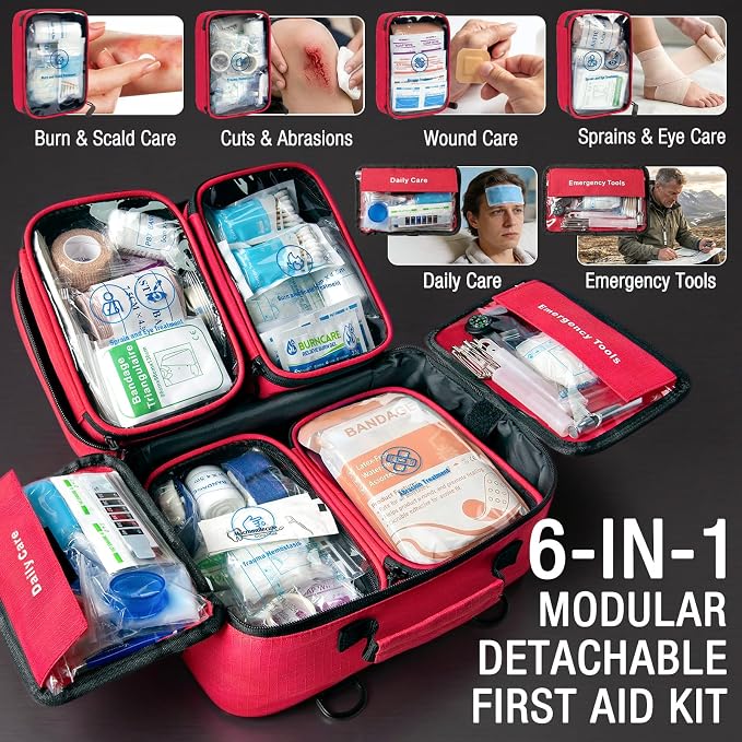 528 PCS Advanced First Aid Kit – Large 6-in-1 Modular Waterproof Well-Organized Emergency Kit for Home, Car, Travel, Camping, Boat & Outdoor