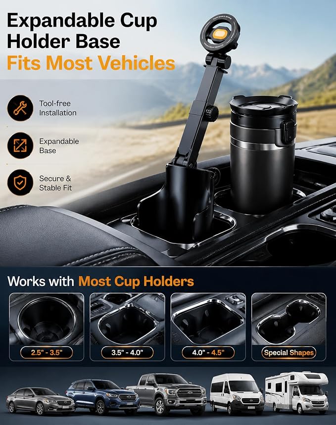 Car Cup Holder Phone Mount, 360° Adjustable N52 Magnetic (Standard) | Cup Holder Phone Mount for Car, 2 In 1 One Hand Operation Car Holder, Adjustable Base Cupholder Phone Holder for All Phones