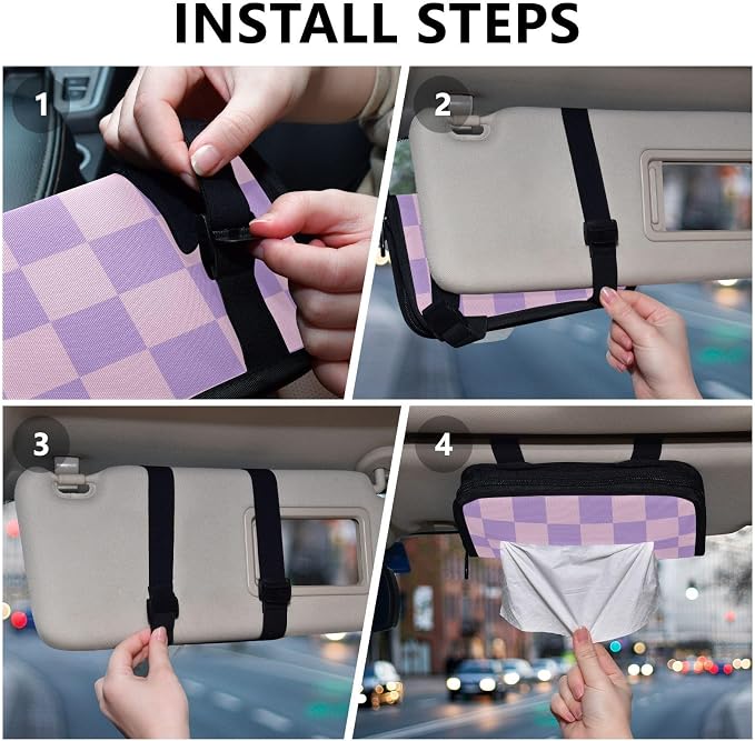 Car Tissue Holder Car Napkin Holder Tissue Box Dispenser Storage Case Sun Visor Mask Holder with Adjustable Straps Reusable Refillable Checkered Purple