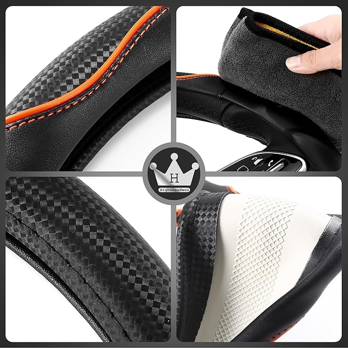 HighnessHwoo 3D Car Steering Wheel Cover Comfort Grip Massage Sporty Anti-Slip Carbon Fiber Faux Leather for F150, Trucks, Jeep, Van, Car Handle Covers for All Seasons, 15.2-16in, Orange
