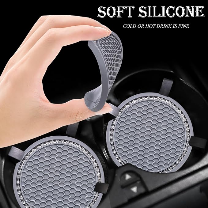 4PCS Bling Cup Holder Coaster, 2.75 Inch Auto Car Cup Holder Insert Coasters, Soft Silicone Anti-Slip Shockproof, Universal Vehicle Interior Accessories for Women Girls (Gray & White)