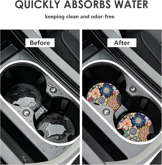 2 Pack Car Coasters，2.75-inch Neoprene Non-Slip Cup Holder Coasters for Car，Cute Car Interior Accessories for Men and Women，Mandala