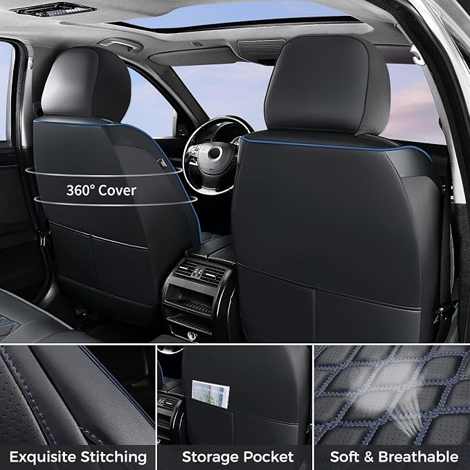 Huidasource 2018-2026 Wrangler JL Seat Covers 4 Door, Waterproof Leather Seat Covers Full Set for Jeep Wrangler JL 4-Door with Rear Cupholder, Custom Fit Seat Cushion Covers (Full Set/Black&Blue)