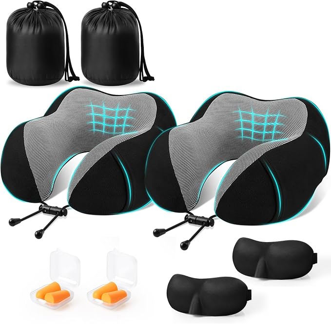 CloudBliss Travel Pillow for Airplane, Set of 2 Memory Foam Neck Pillow for Travel, Travel Neck Pillow for Long Flight, Car & Office, Trip Accessories with Eye Mask, Earplugs, Carry Bag, Black & Black