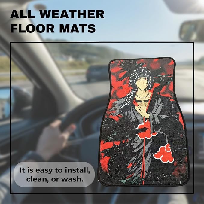 Anime Car Carpet Mat Set of 2 Front, Black Tachi Raven Design Automotive Accessories Interior All Weather Floor Mats Decor with Non Slip Black Anti Skid Backing