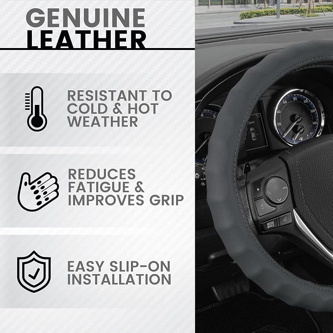 BDK Genuine Gray Leather Steering Wheel Cover for Car, Medium (14.5" - 15.5") – Ergonomic Comfort Grip for Men & Women, Universal Fit Car Steering Wheel Cover for Most Vehicles