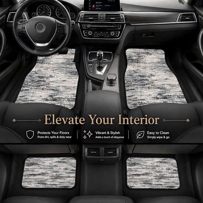 Gray Abstract Car Floor Mats Set of 4 Distressed Modern Texture Car Accessories Foot Mats Rugs, Non-Slip,Decor for Universal Fit for Suvs Sedans Trucks Cars Auto Floor Carpets Rugs All-Weather