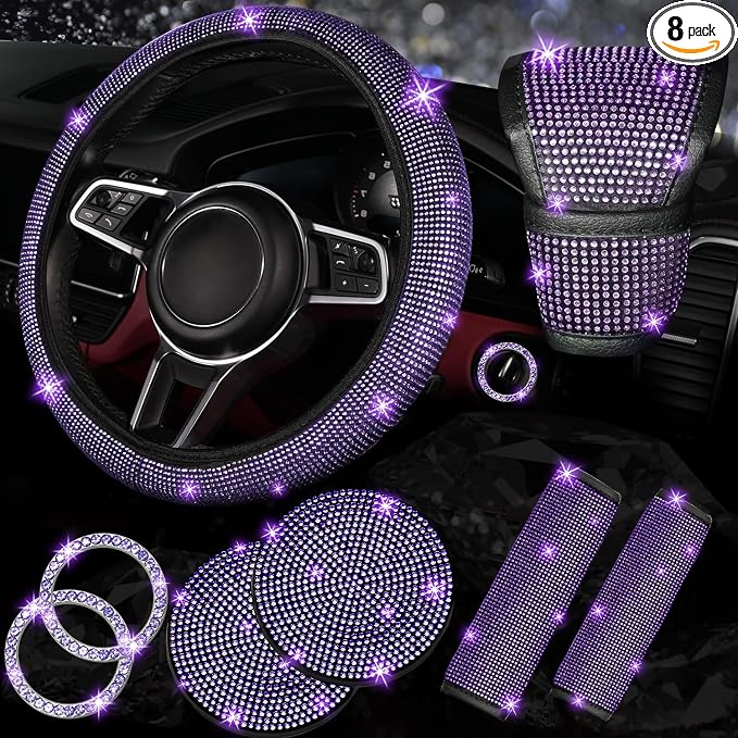 NBTEPEM 8 pcs Bling Car Accessories Set for Women, Steering Wheel Cover, Sparkly Seat Belt Covers, Bling Gear Shift Cover, Universal Fit Most Cars (Purple Violet Diamond)