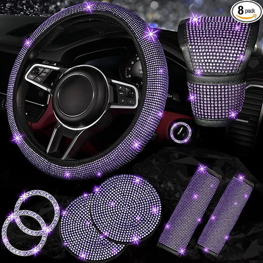 NBTEPEM 8 pcs Bling Car Accessories Set for Women, Steering Wheel Cover, Sparkly Seat Belt Covers, Bling Gear Shift Cover, Universal Fit Most Cars (Purple Violet Diamond)