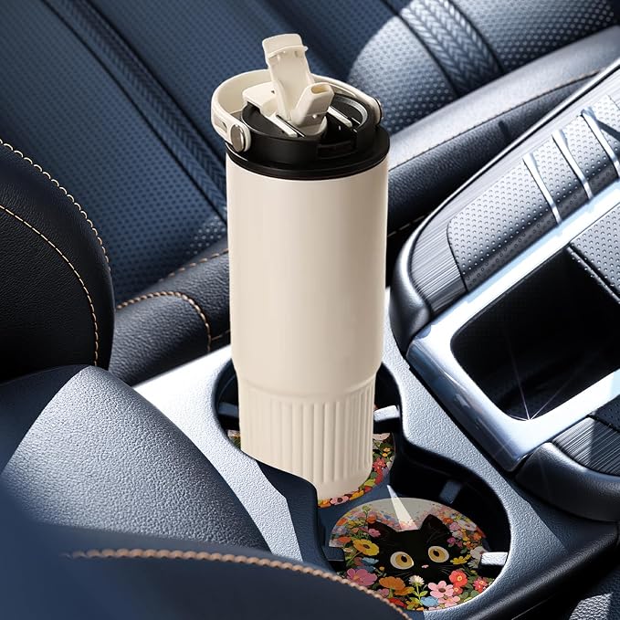 2 Pack Car Coasters for Cup Holders, Absorbent Ceramic Cup Coaster with Cork Base and Finger Notch, Cute Car Accessories Interior for Women Men