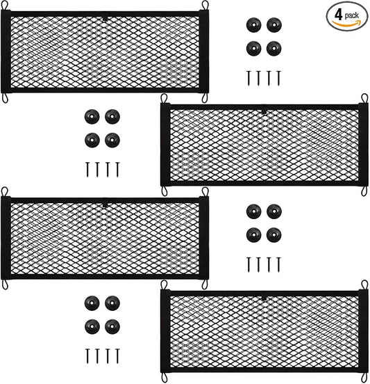 Frienda 4 Pcs 25 x 9.8 Inches Stretchable Small Cargo Net Pocket Boat Storage Mesh Net Elastic Automotive Storage Pouch with Mounting Screws and Hooks for Truck Car SUV Boats
