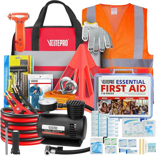 Car Emergency Kit,Roadside Emergency Car Kit for Vehicles,with Portable Air Compressor,Jumper Cable for Women,Men,Teen