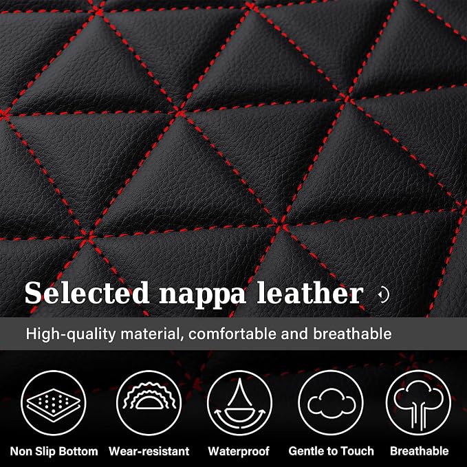 Coverado Leather Car Seat Covers, Waterproof Dooge Ram 1500 Seat Covers Compatible with 2002-2026 Dodge Ram 1500 2500 3500 with Flat Bench (Full Set, Black&Red line)