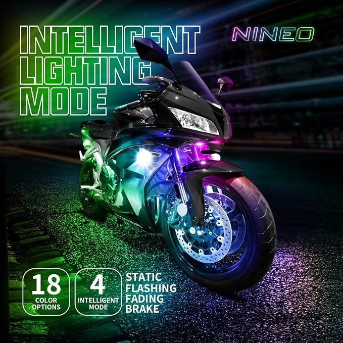 NINEO 8PCS Motorcycle RGB Led Light Kit, Memory Function, Red Brake Light | Multi-Color Underglow Neon Lights, IP65 Waterproof, Fit Family Motorcycle Z1000 CB1000r YZF R6 R3 MT07 MT09 Road King ATV UTV