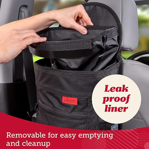 Lusso Gear Spill-Proof Car Trash Can (2.5 Gal, 2 Pack) - Easy to Clean Hanging Garbage Bin - Leak-Proof Lid, Removable Liner, Waterproof - Keeps Truck, SUV, Car, Minivan Clean & Odor Free (Black)