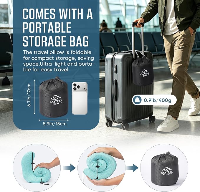SkytraxComf® Travel Neck Pillow with Hood for Privacy on Long Flights | Memory Foam | Airplane Sleep | Safety-Tested Materials | Extra Large Hood | Chin Support | Earplugs | Washable Cover