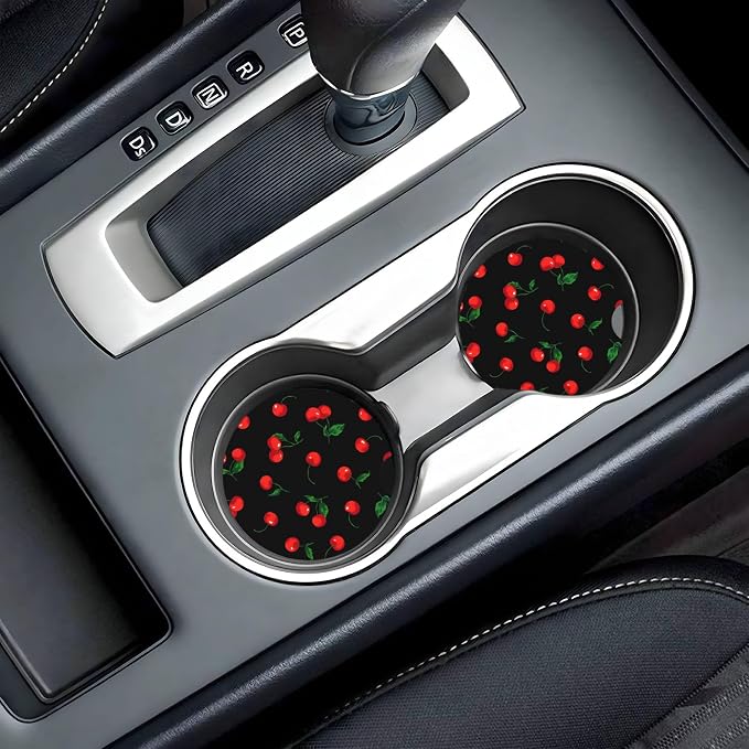Cherry Watercolor Car Cup Holder Coasters 2 Pack 2.63" for Women | Pattern Universal Anti Slip Ceramic Absorbent Coaster with Cork Base and Finger Notch Cute Car Accessories Interior