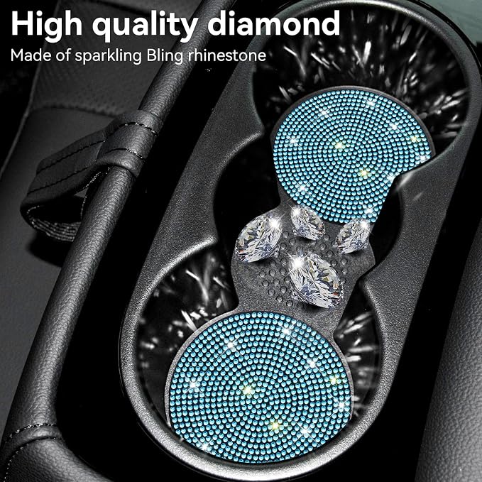 SINGARO Bling Cup Holder Coasters for Car, 4PCS Universal Non-Slip Cup Holder, Embedded Decorative Coasters, Shiny Crystal Car Interior Accessories Gifts for Women (Sky Blue)
