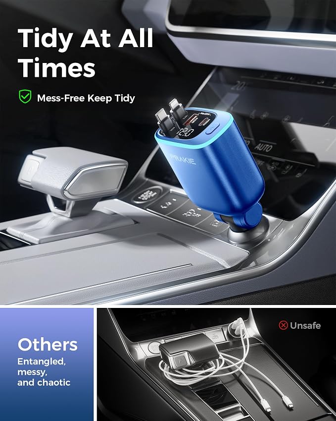 Car Charger, iPhone Fast USB C Phone Car Charger, Cigarette Lighter Adapter | with 2 Cables 25 Inch and 2 USB Ports, Retractable 4 in 1Multi Port USB Car Charging for iPhone 17/16/15/14/13/Pro Max-Blue
