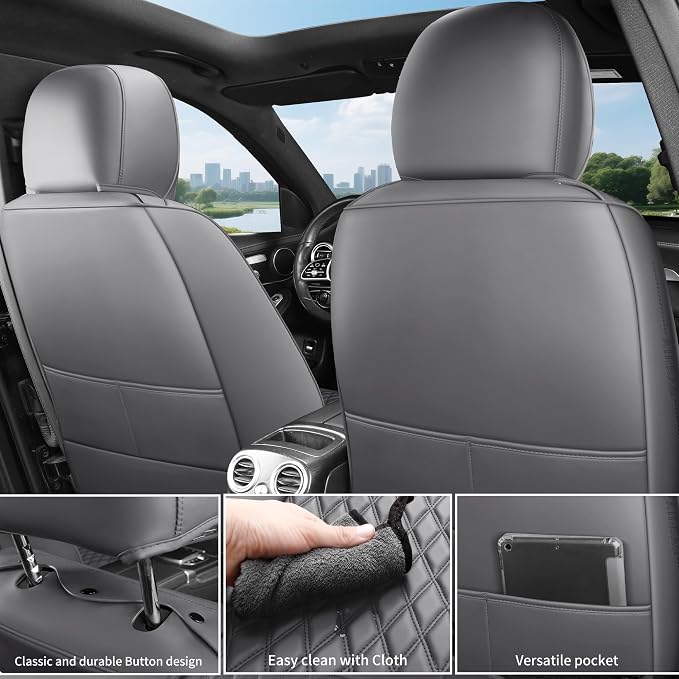 Gray High-Density Nappa Leather Automotive Car Seat Covers Full Set | Univerasal Precision Fit,3D Contoured,Full Coverage,Waterproof,ThickTexture Nappa Leather,for most Suvs Trucks Sedans