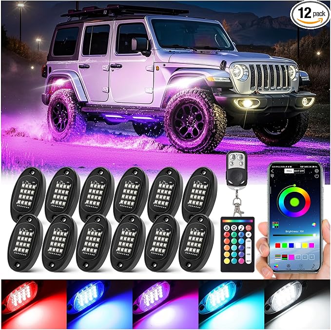 12 Pods RGB LED Rock Lights for Jeeps Trucks Golf Cart Offroad ATV UTV RZR SXS, Waterproof Multicolor Underglow Kit with Dual Zone Brake, Neon Underbody Light with App Remote Control Music Sync 12V