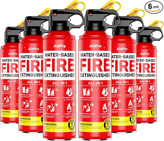 Fire Extinguisher 6-Pack,Certified Home & Travel Fire Safety Kit,for Kitchen/Car/Home/Travel,A/B/C/K Fire Protection,Prevents Reignition,Includes Quick-Mount Bracket.