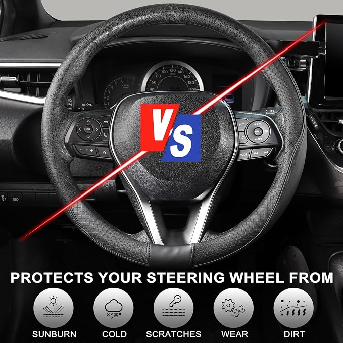 SEG Direct Steering Wheel Cover 14-14.25 inch (35.5-36 cm) Small Size, Microfiber Leather, Non-Slip Comfortable Grip, Fits Cars Prius Civic Model 3 Model Y Camaro, Black