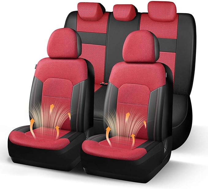 HChengkikz Car Seat Covers, Air Mesh, Breathable (Black + Red) | Airbag Compatible, Automotive Comfort Protection, Universal Fit for Most Cars,Trucks,SUVs