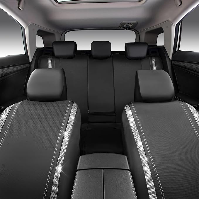 CAR PASS Bling Diamond Car Seat Covers Full Set, Shining Rhinestone Waterproof Faux Leather, Rear with Zipper, Universal Fit Automotive Glitter Crystal Sparkle Strips for Cute Women Girl, Silver