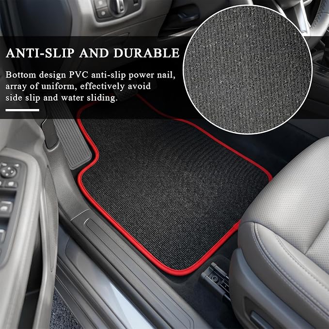 4PCS Car Floor Mats, Anti-Slip Waterproof Car Carpets with Safety Heel Pad, Heavy Duty Floor Mat for All Weather Protection, Universal Trim to Fit for Sedans Trucks SUVs (Black & Red)